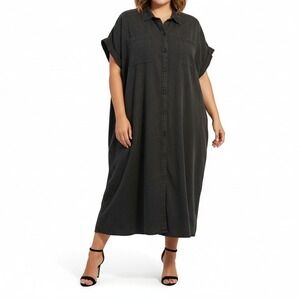Wonderly Womens Shirt Dress Black Lyocell Button Front Midi Casual 3X